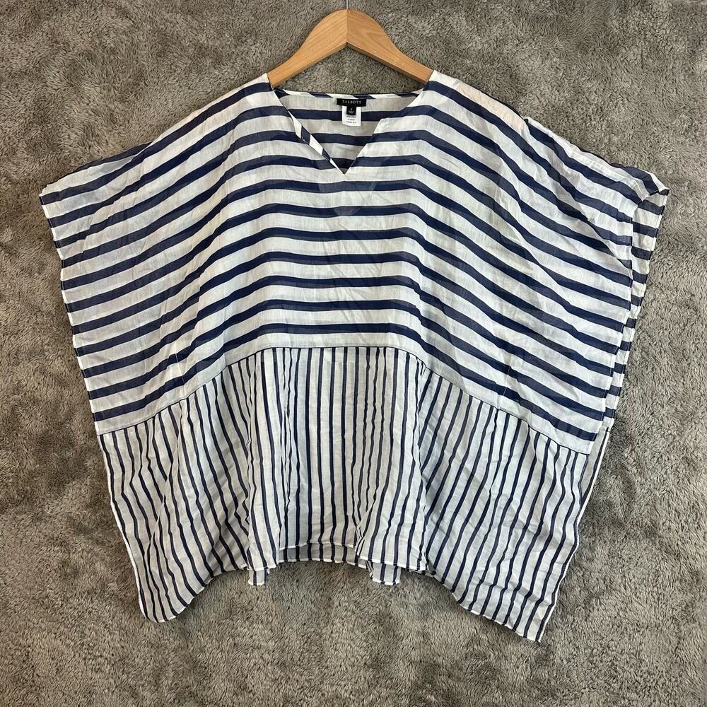 Talbots Silk Navy Blue White Semi-sheer Lighweight Kaftan Poncho Tunic Top S - Picture 9 of 9